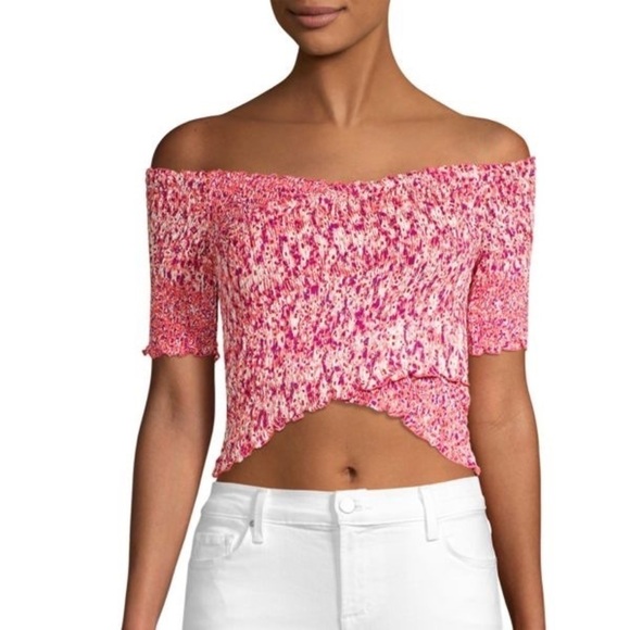 Poupette St Barth Soledad Off-The-Shoulder Smocked Blouse in Light Pink Daffodil - Picture 1 of 10